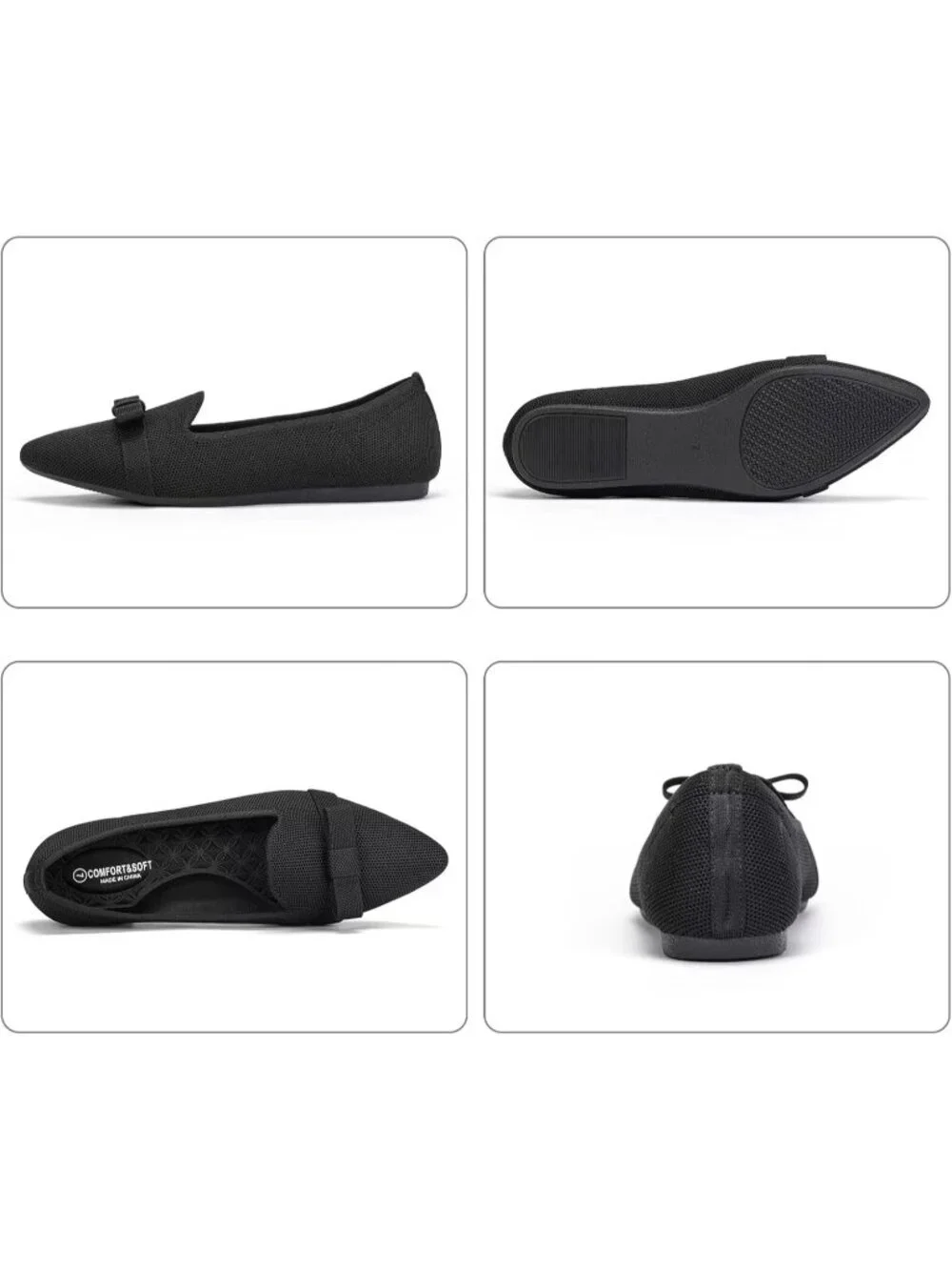 Women's Black Comfortable Knit Casual Pointed Toe Ballet Flats with Bow Shoes